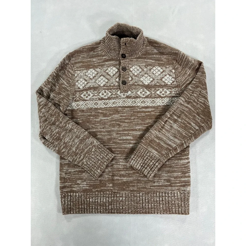 Banana Republic Mens XL Brown Fair Isle Mock Neck Button Sweater Cotton Wool